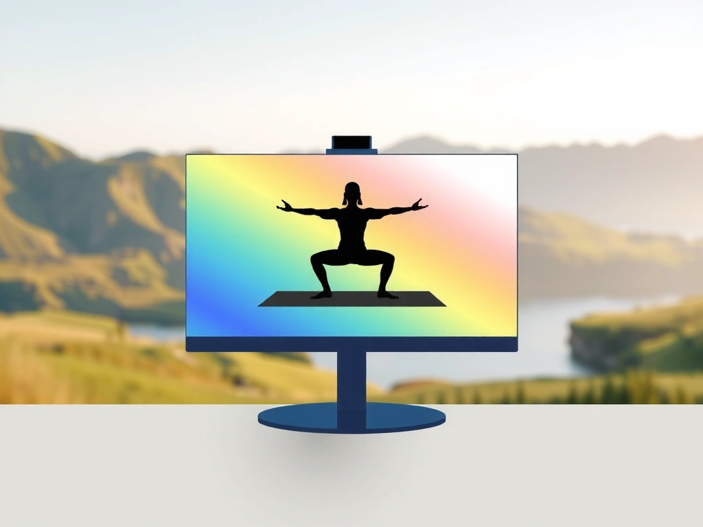 A calm online interface showing a yoga class, with a serene background of nature.
