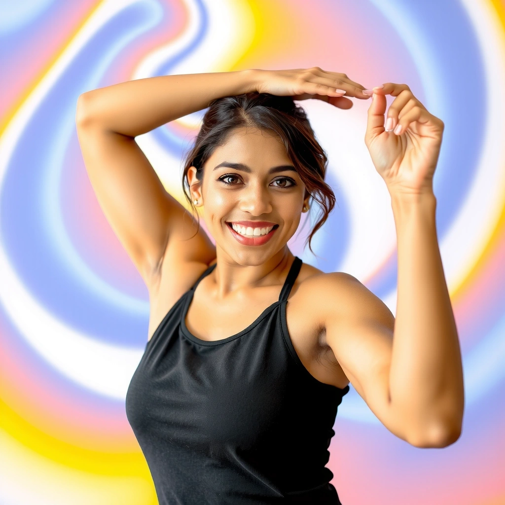 Instructor Anya Sharma, a woman with an energetic smile, in a vibrant yoga pose.