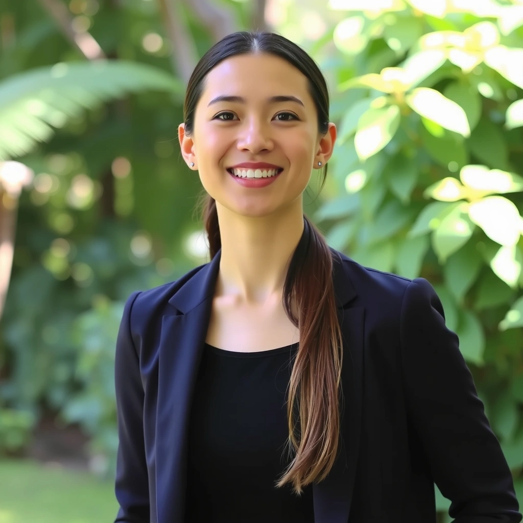 Instructor Sarah Chen, a woman with a warm smile, in a peaceful outdoor setting.