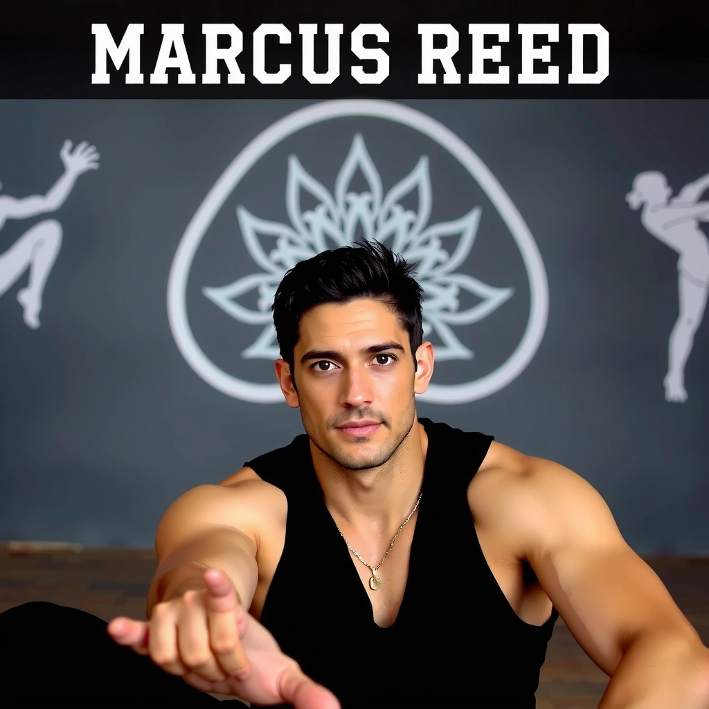 Instructor Marcus Reed, a man with a focused expression, performing an advanced yoga pose.