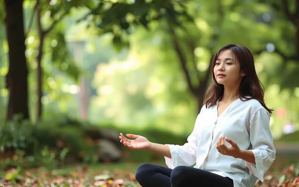 Woman meditating peacefully in a nature setting, symbolizing mindfulness.