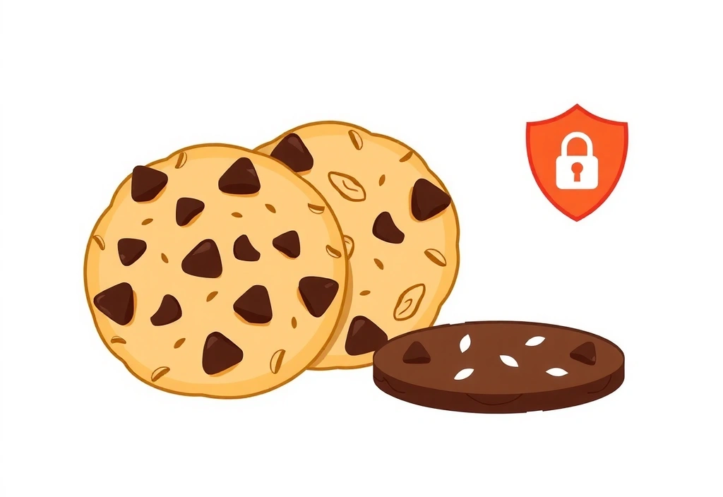 Illustration of various cookies with a privacy shield icon