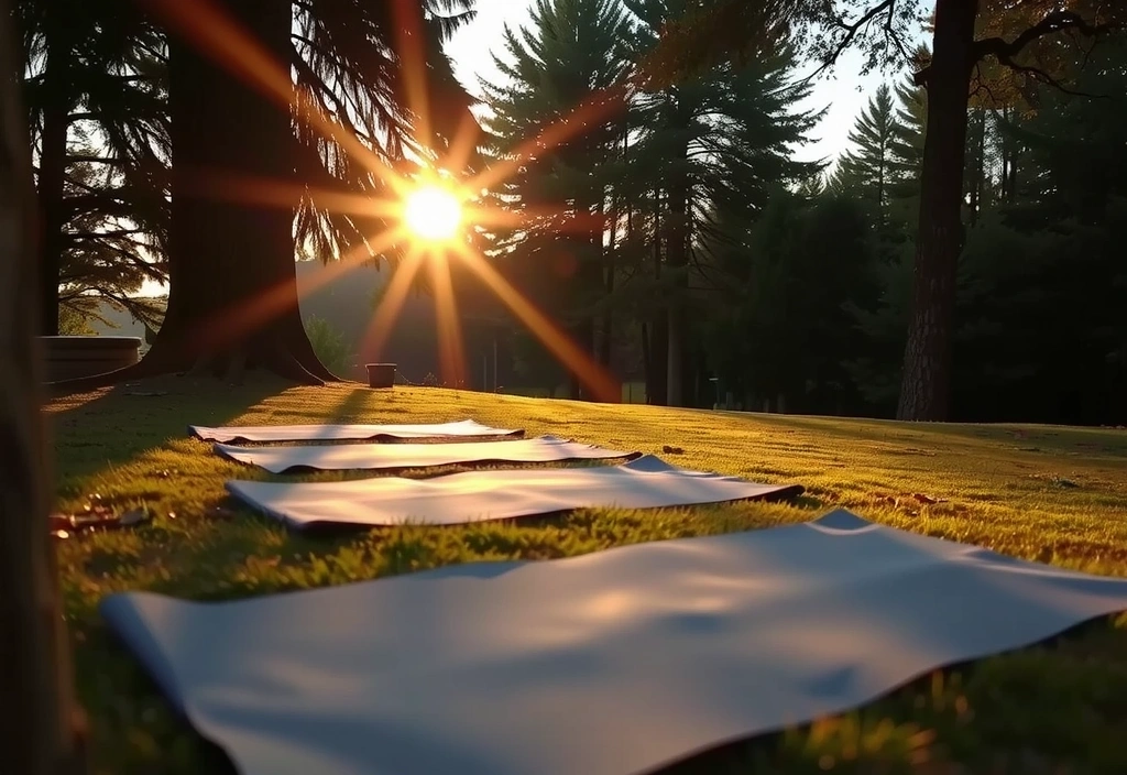 Serene outdoor meditation scene with lush greenery and soft lighting